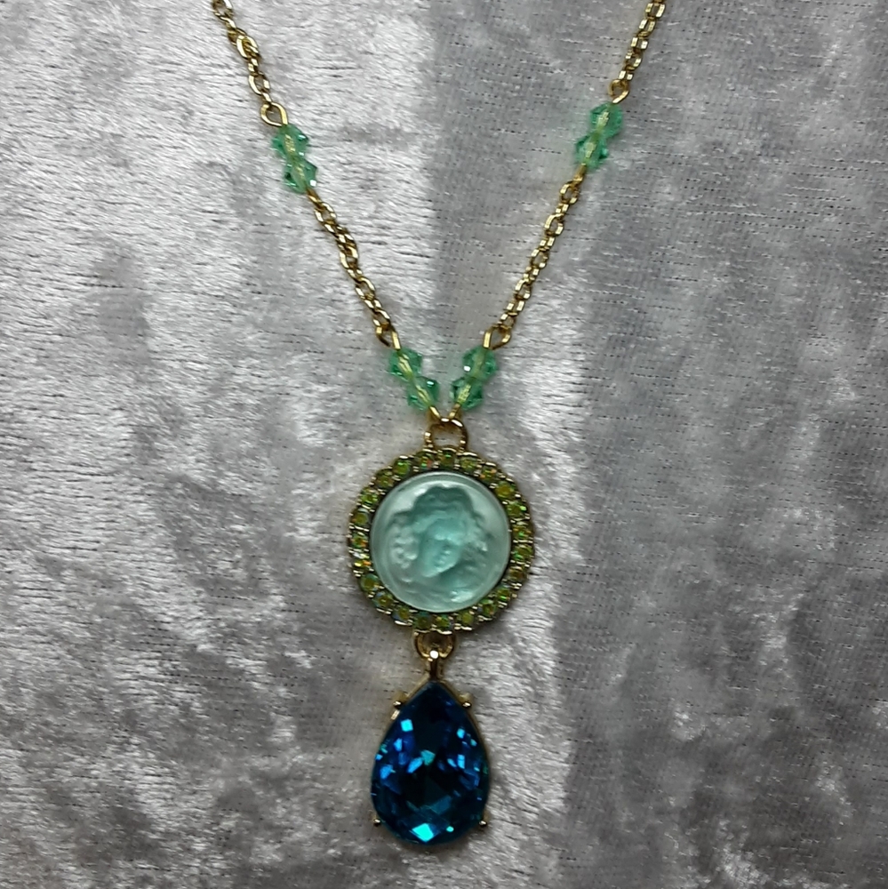 Handmade Angel Cameo Glass Necklace Teal Green 22" Long Chain Mother's Day Gift - Picture 5 of 9